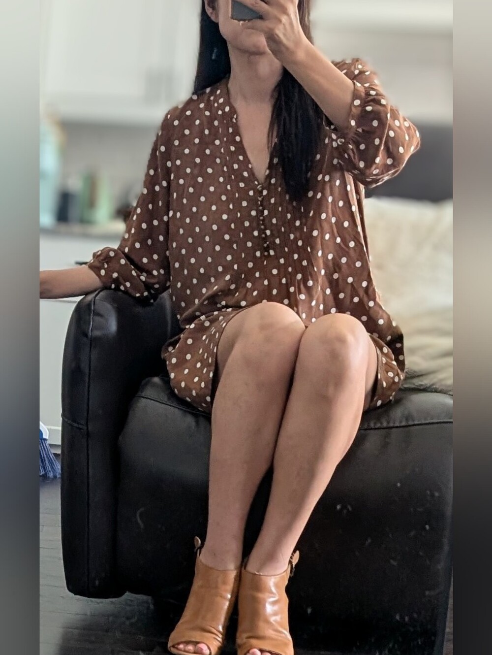 Fossil 100% Silk Brown Cream Polka Dot 3/4 Sleeve Mini Dress